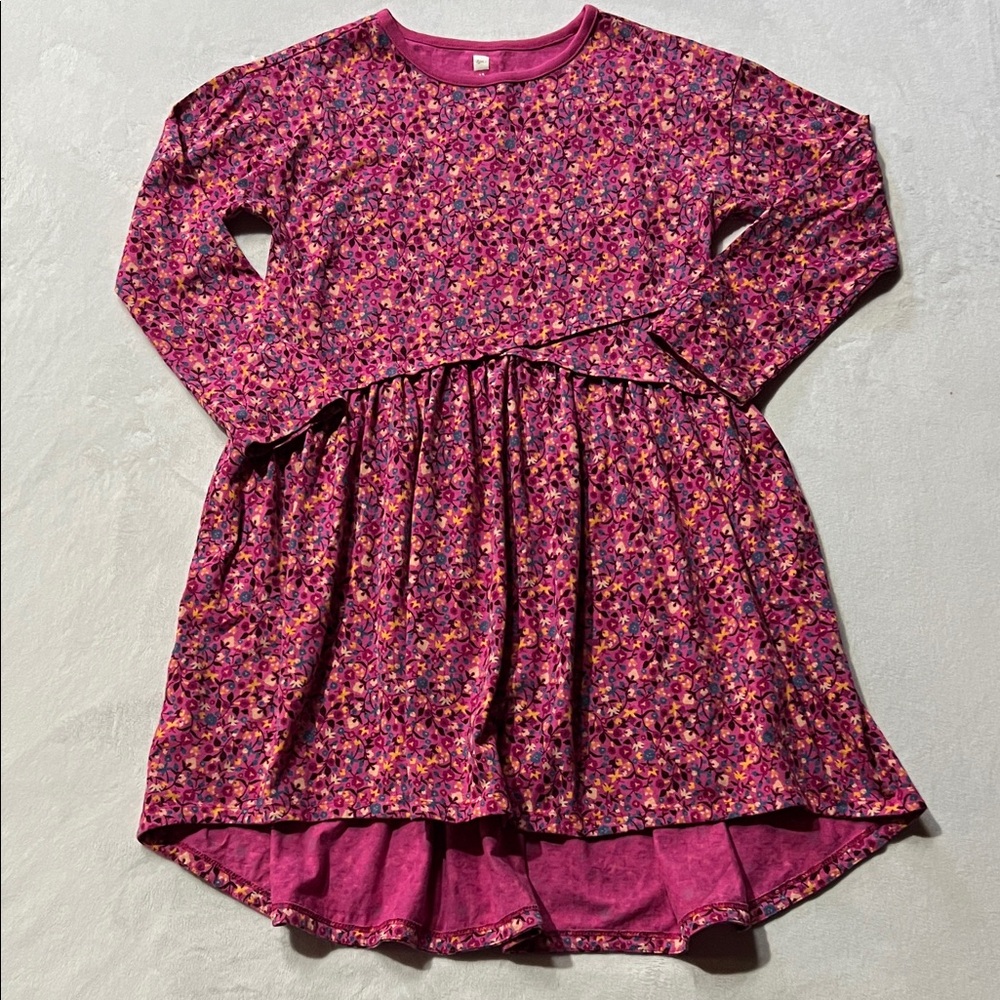 Tea Collection Pink Floral Long Sleeve hi low  crossover style Girls Dress